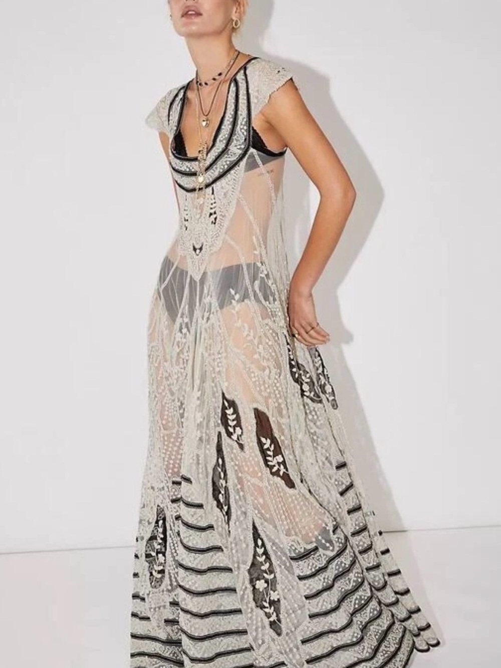 Free People Lace-Overlay Maxi Dress in Ivory and Black, NWT, SZ SMALL